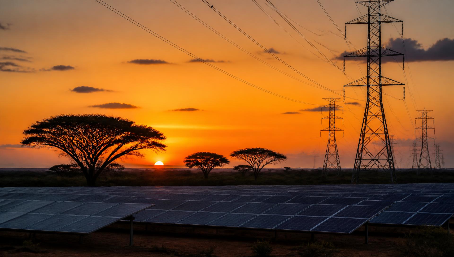 Solar and pylon infrastructure at dusk