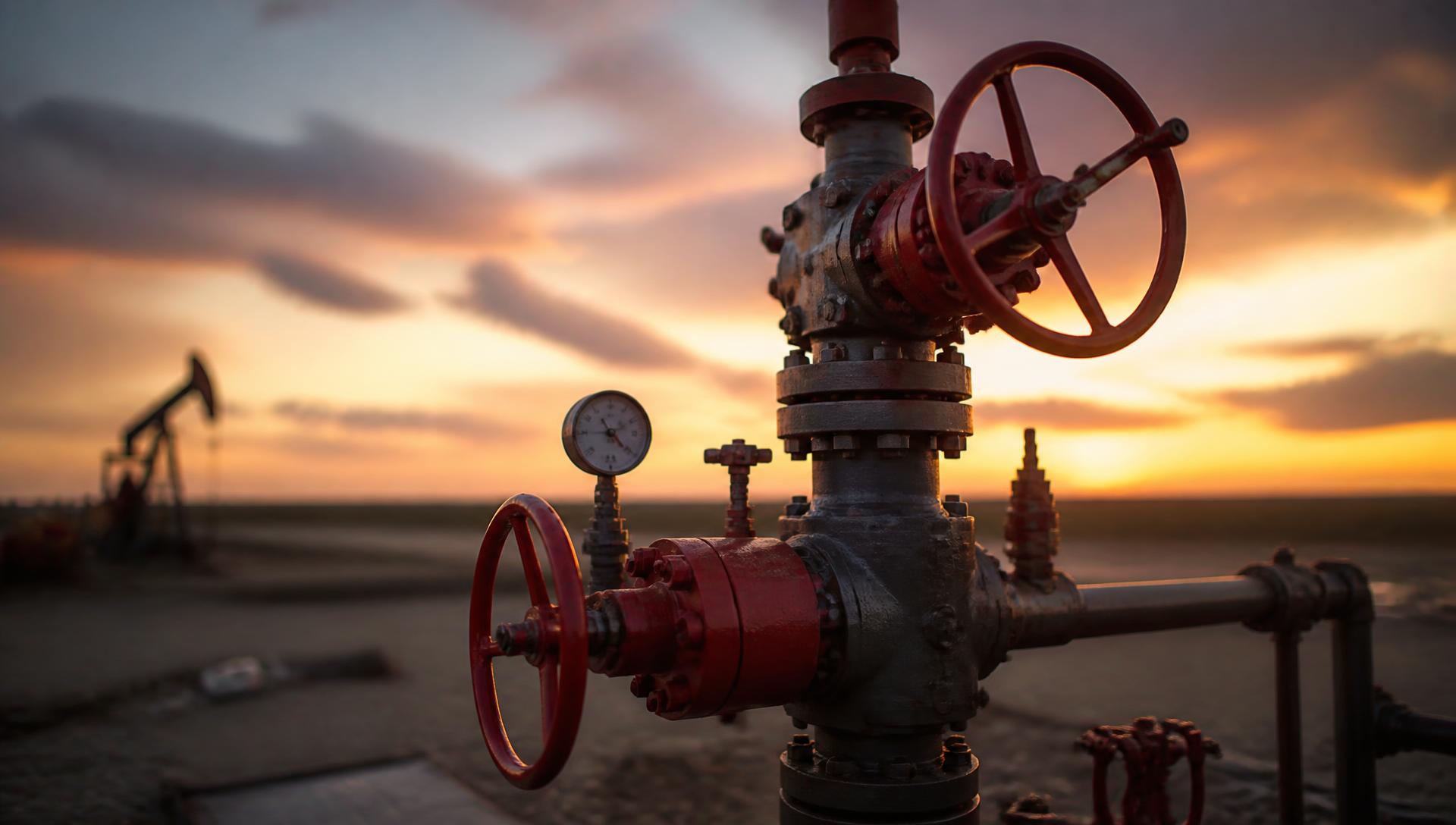 Oil wellhead christmas tree valve assembly at dusk