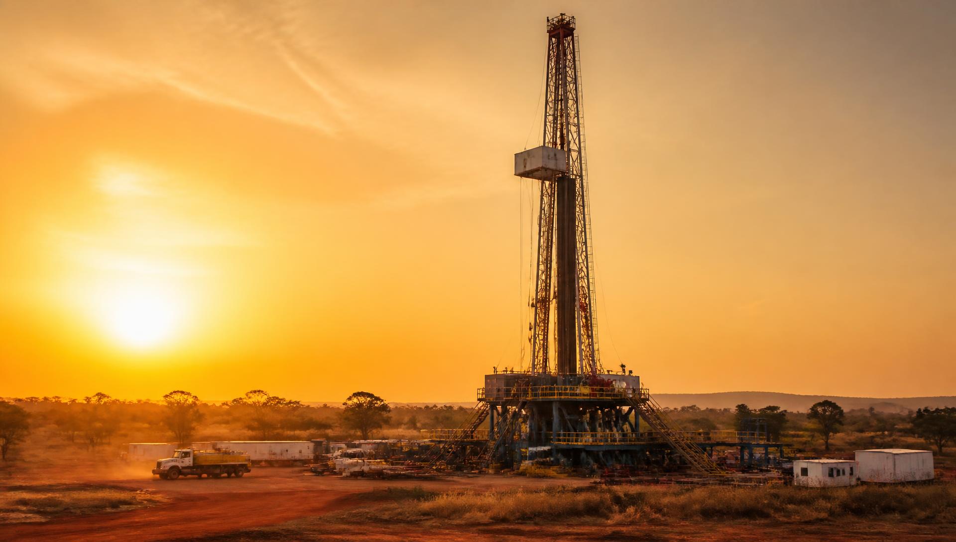 Onshore land drilling rig derrick at golden hour