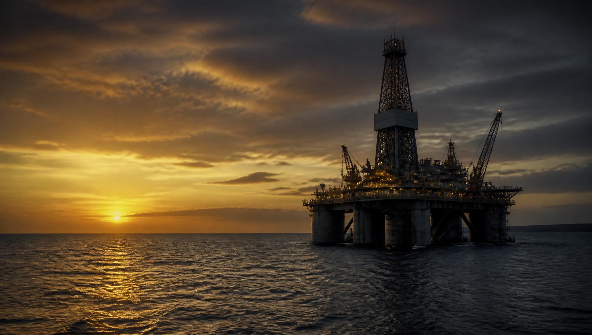 Offshore exploration drilling rig at dusk off the West African coast