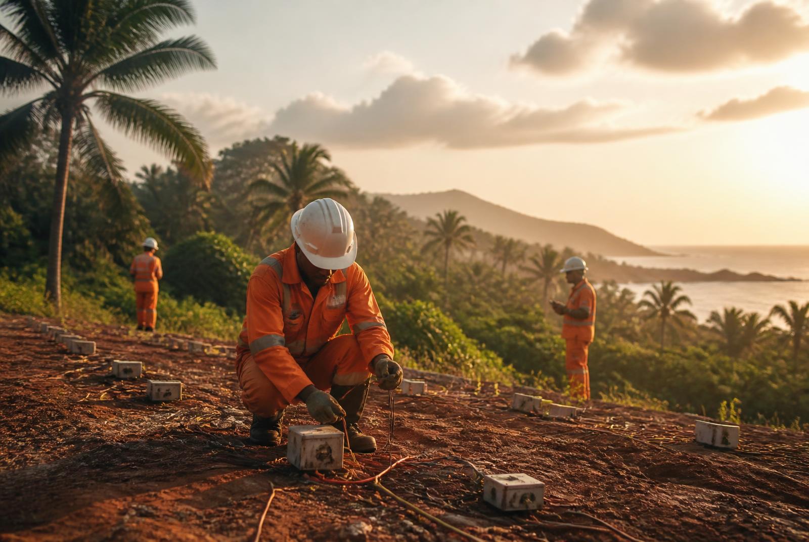 Field crew deploying petroleum data acquisition equipment in coastal West African terrain
