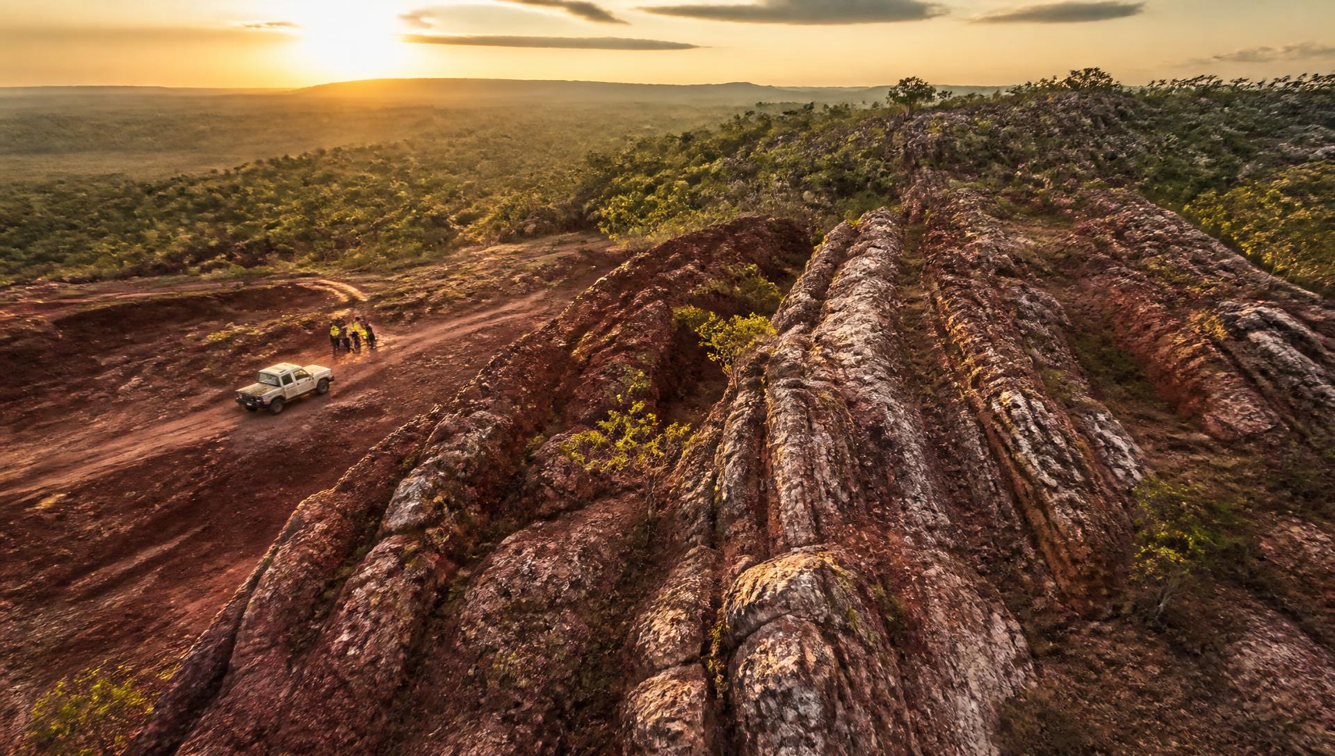 Aerial view of mineral terrain during exploration survey work