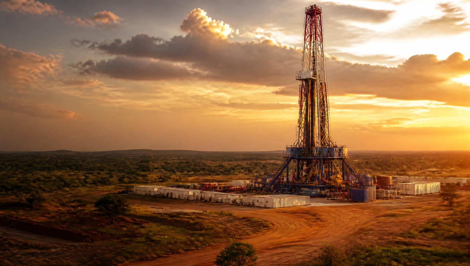 Onshore land drilling rig at sunset in Ghana's petroleum exploration region